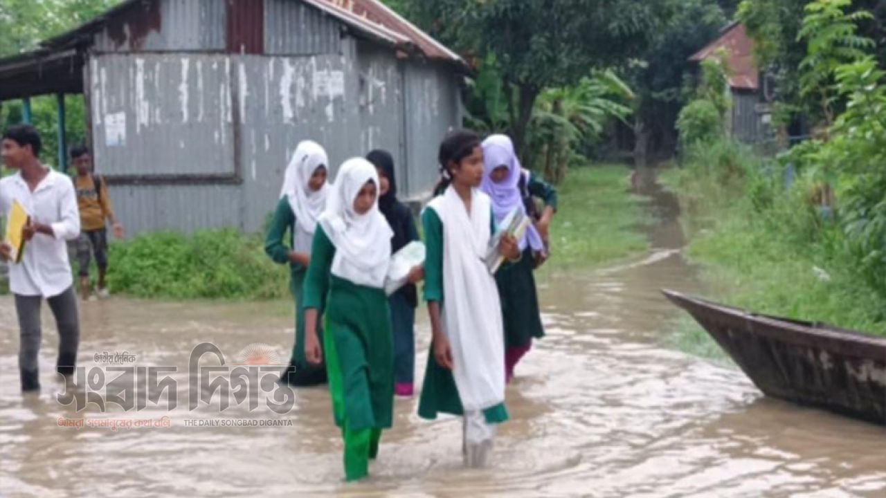 স্কুলে যেতে হাঁটু পানি, দুর্ভোগে সিরাজগঞ্জের ২১৮ শিক্ষার্থী 