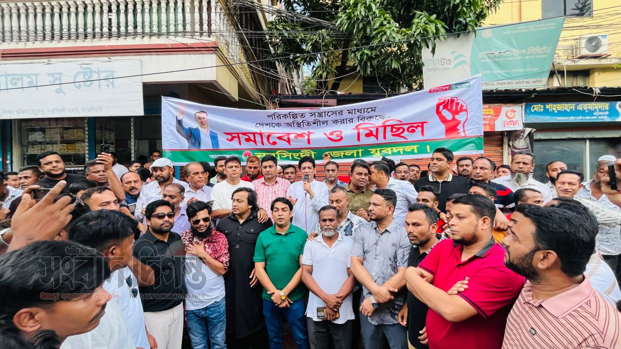 পরিকল্পিত সন্ত্রাস ও নৈরাজ্যের প্রতিবাদে নরসিংদীতে যুবদলের বিক্ষোভ মিছিল  